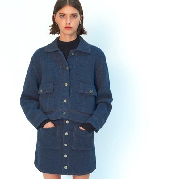 Zara Cropped Knit Chore Jacket Blue Gold Stitching Like Denim Fall Cosy ~ Size L - Picture 1 of 10